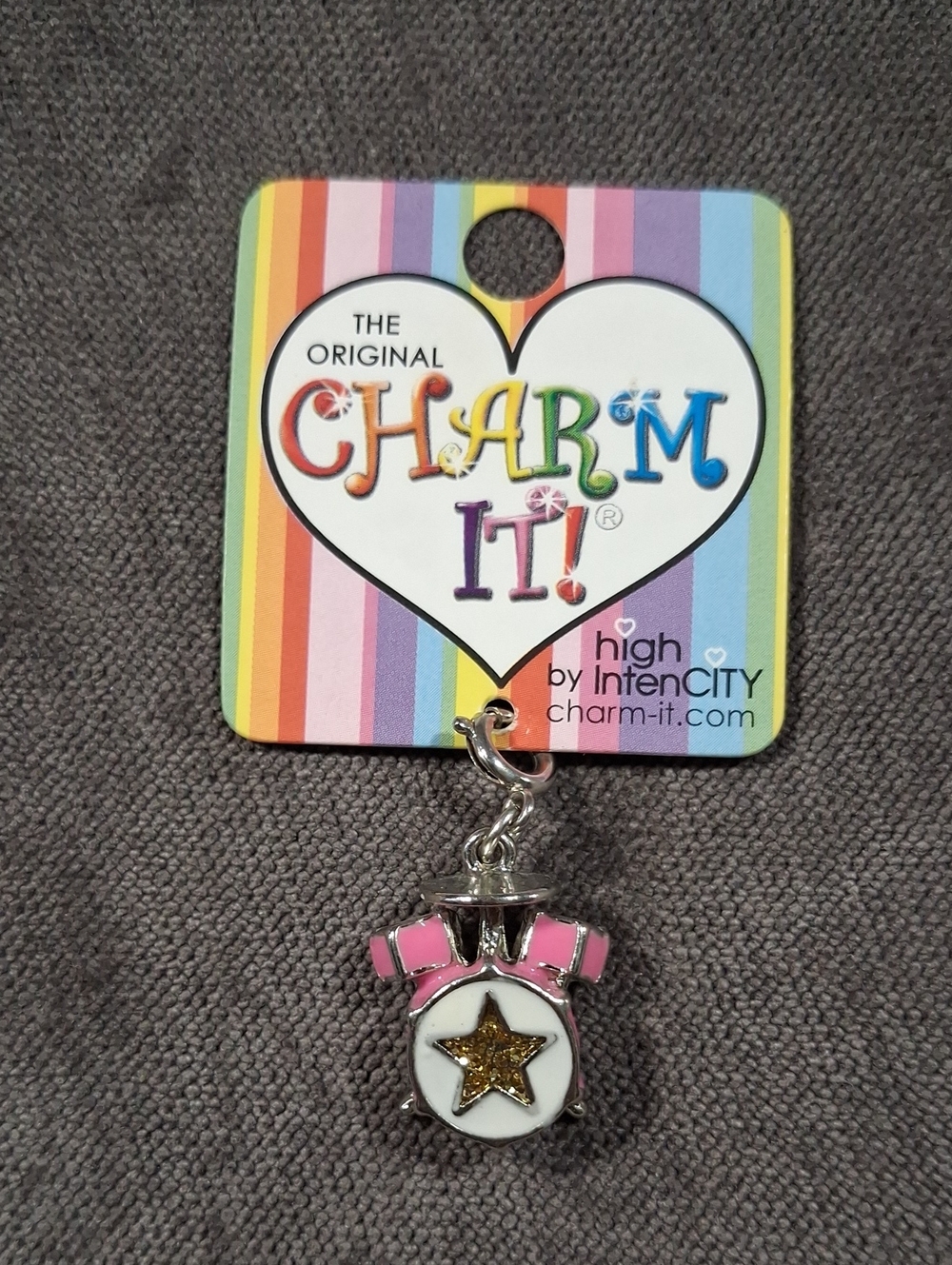 High IntenCity Charm-It! Pink White Gold Enamel on Base Metal Drum Kit Charm NEW